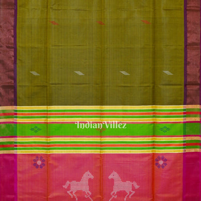 Olive Green Peach Handwoven South Soft Silk Saree