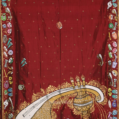 Maroon Sitar Instrument Pattachitra Silk Saree
