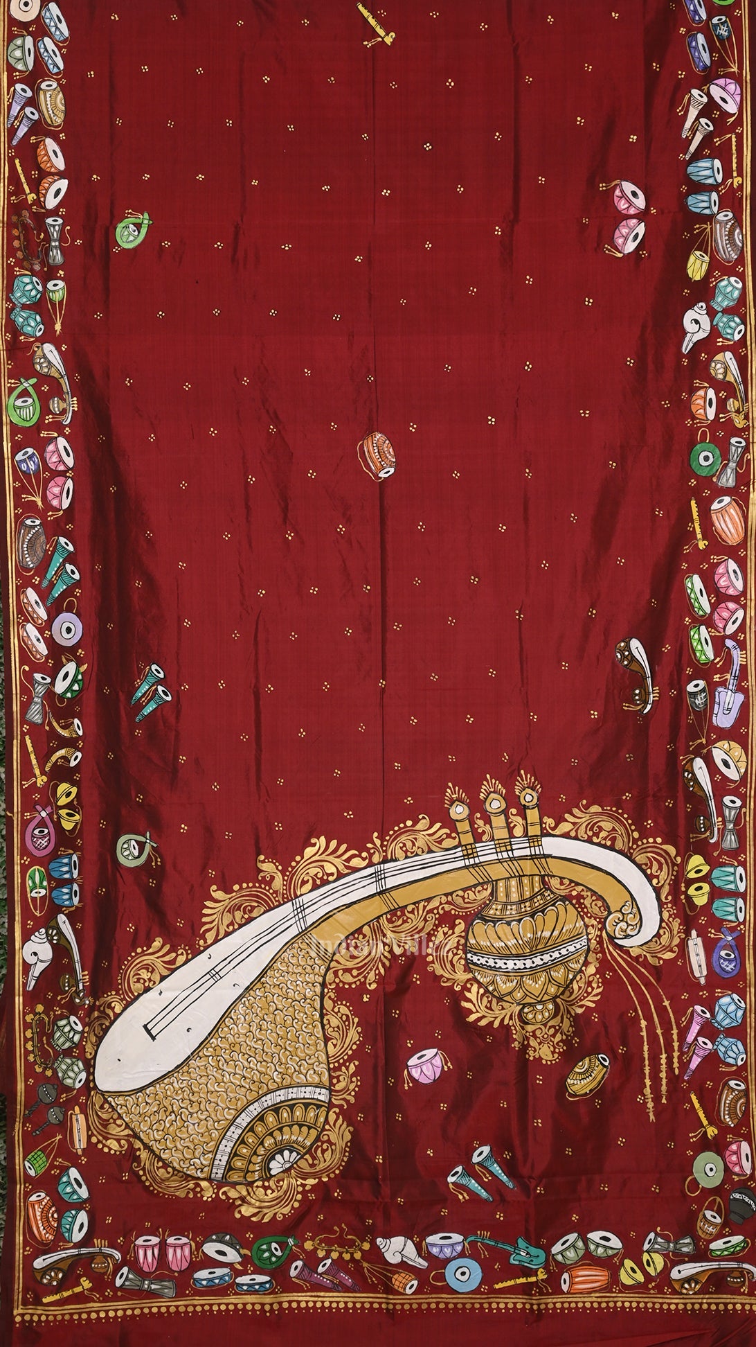 Maroon Sitar Instrument Pattachitra Silk Saree