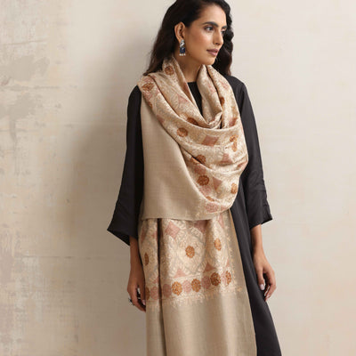 trueBrowns Beige Embroidered Woollen Stole
