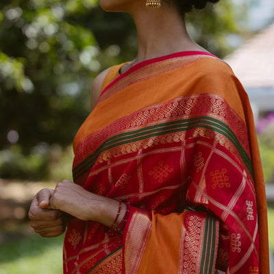 Red Handloom Silk Cotton Saree With Kolam Motifs in Checks