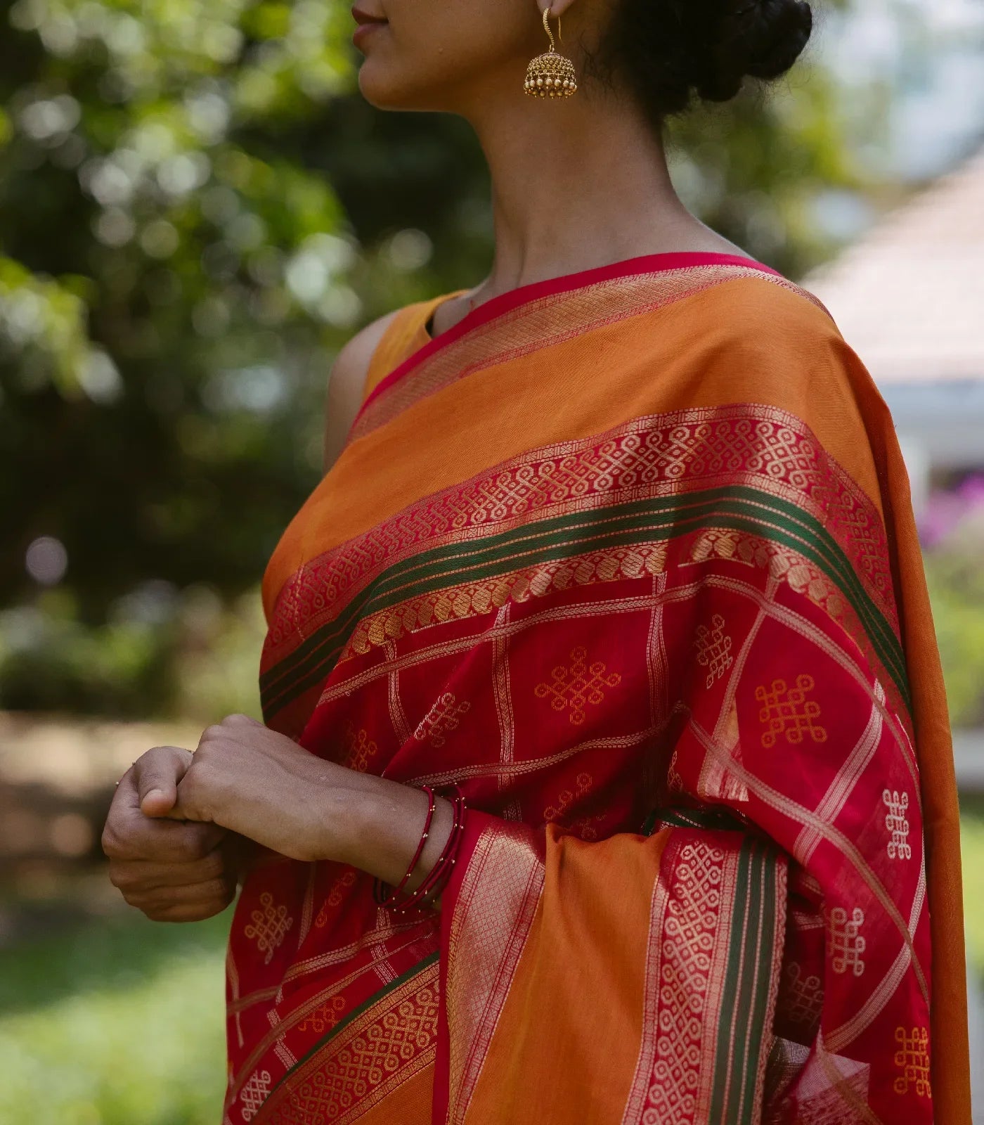 Red Handloom Silk Cotton Saree With Kolam Motifs in Checks