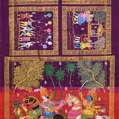 Purple Orange Hindu Festival Hand-Painted Pattachitra Saree