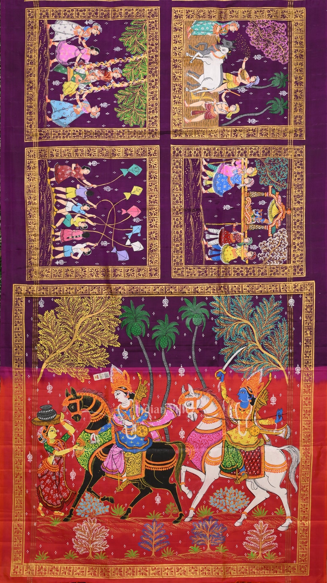 Purple Orange Hindu Festival Hand-Painted Pattachitra Saree