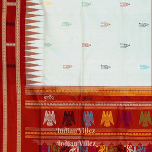 White Red Shree Mandir Theme Sambalpuri Ikat  Silk Saree