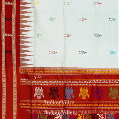 White Red Shree Mandir Theme Sambalpuri Ikat  Silk Saree