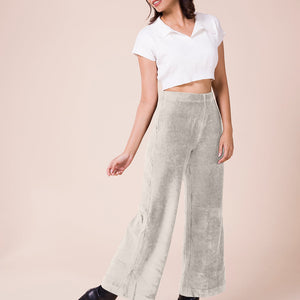Women Solid Light Beige Mid Rise Corduory Wide Pants