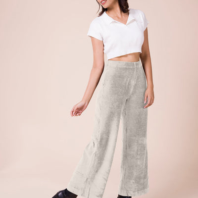Women Solid Light Beige Mid Rise Corduory Wide Pants