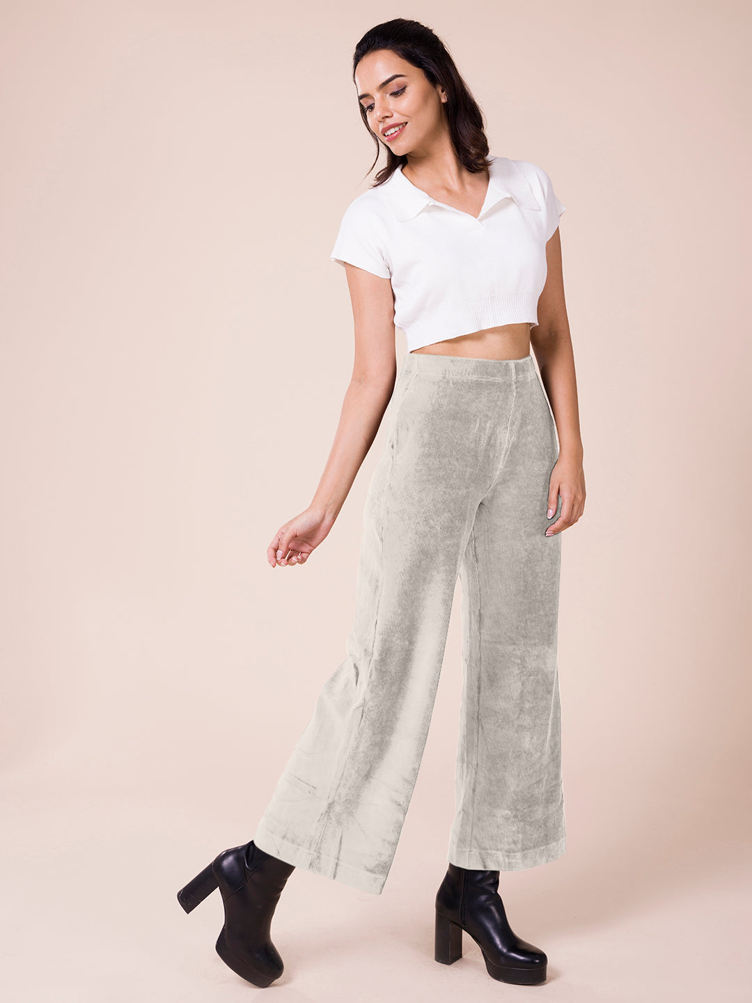 Women Solid Light Beige Mid Rise Corduory Wide Pants