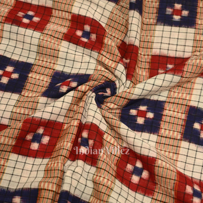 White Multi Color Check Sambalpuri Pasapali Cotton Fabric