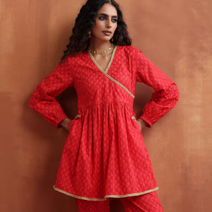 trueBrowns Red Print Angrakha Co-ord Set