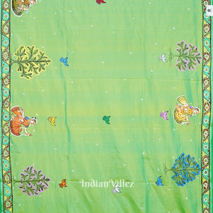 Parrot Green Dual Tone Ardha Chandra Krishna Rasa Leela Hand-Painted Pattachitra Saree (Pre Order)