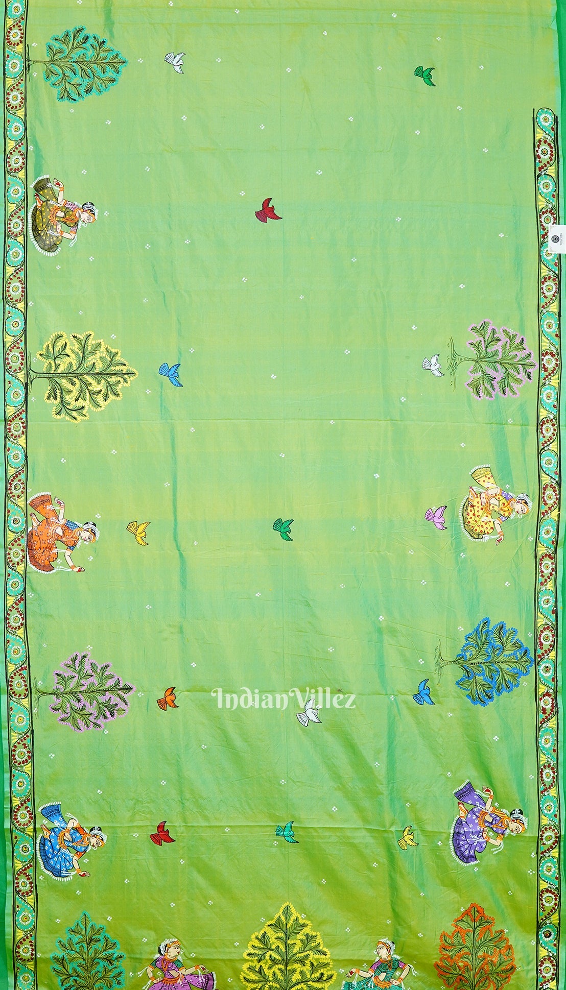 Parrot Green Dual Tone Ardha Chandra Krishna Rasa Leela Hand-Painted Pattachitra Saree (Pre Order)