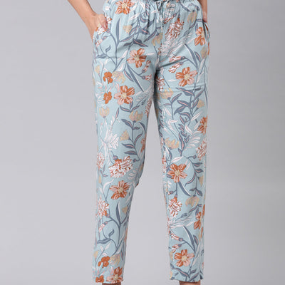 Women Printed Blue Woven Viscose Lounge Pants