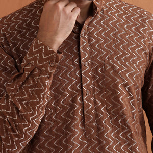 trueBrowns Men's Brown Cotton Dobby Short Kurta