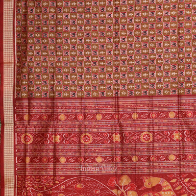 Golden Maroon Elephant Theme Sambalpuri Silk Saree