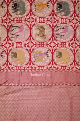 Rani Pink Shikargah Theme Banarasi Khaddi Georgette Saree