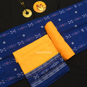 Blue Yellow Flower Buti Odisha Ikat  Sambalpuri Dress Set & Dupatta
