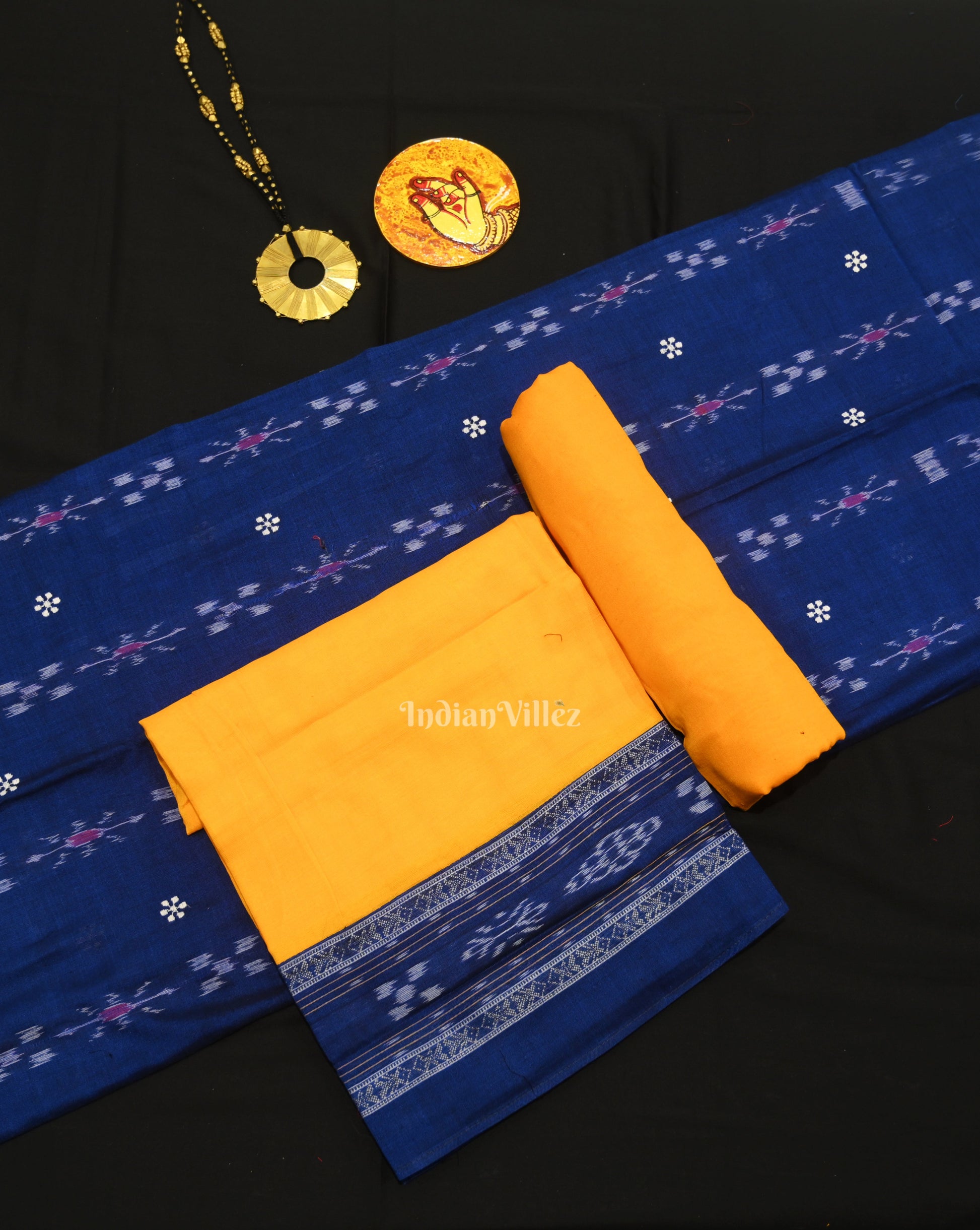 Blue Yellow Flower Buti Odisha Ikat  Sambalpuri Dress Set & Dupatta