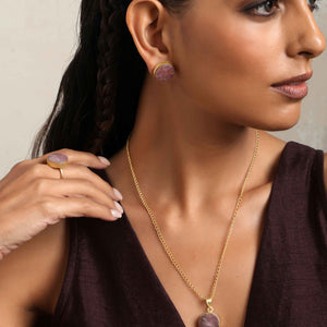 trueBrowns Gold Tone Pink Stone Pendant Set