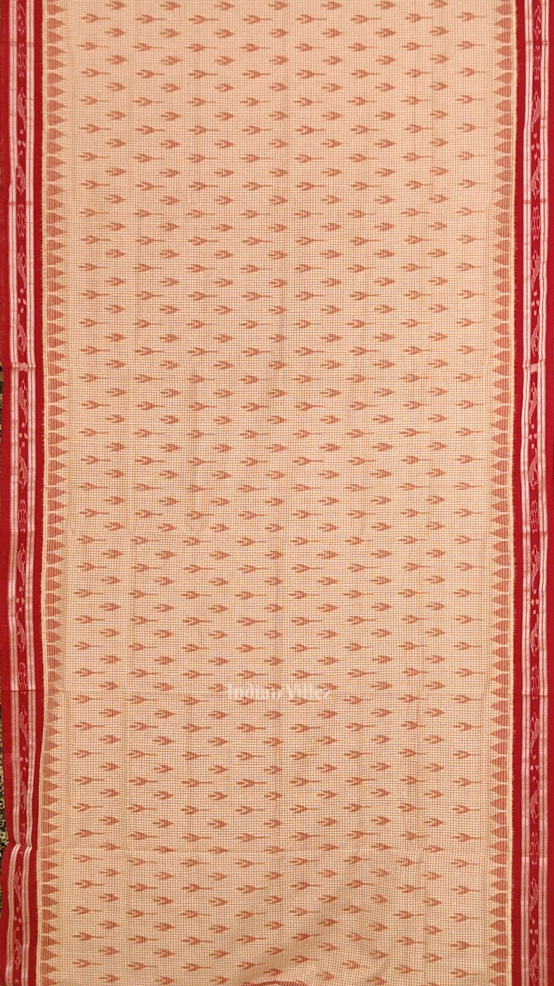 Beige Cream Red Check Mayur Chandrika Maniabandha Cotton Saree