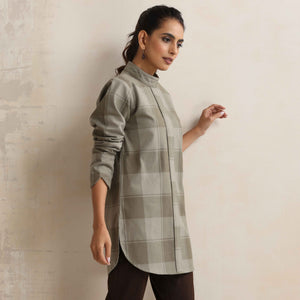 trueBrowns Green Check High Neck Short Kurta