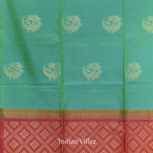 Sky Green With Pinkish Red Pure Kanjivaram Soft Silk Saree