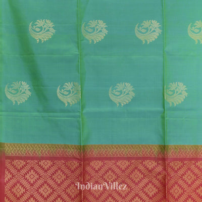 Sky Green With Pinkish Red Pure Kanjivaram Soft Silk Saree