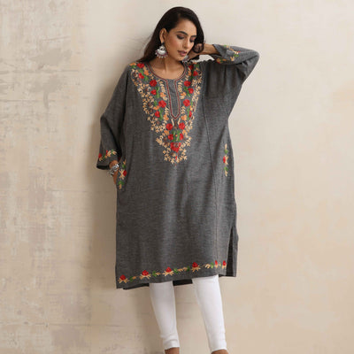 trueBrowns Grey Kashmiri Embroidered Woollen Phiran Kurta