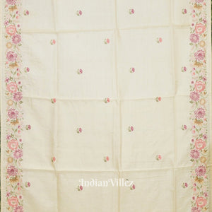White Tussar Floral Motif Hand Embroidered Saree