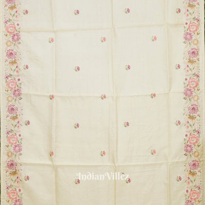 White Tussar Floral Motif Hand Embroidered Saree
