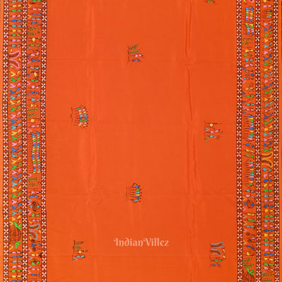 Orange Tribal Theme Hand-Painted Pattachitra Saree
