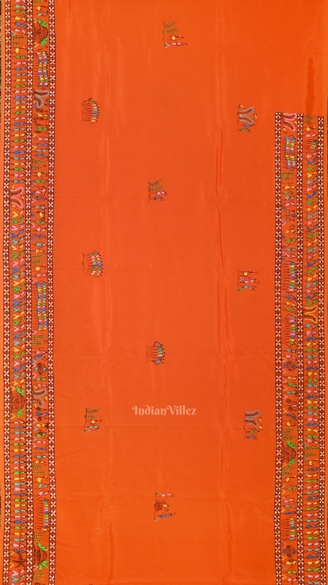 Orange Tribal Theme Hand-Painted Pattachitra Saree