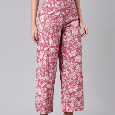 Women Medium Pink Viscose Mid Rise Printed Palazzo