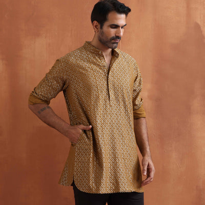 trueBrowns Men's Mustard Cotton Dobby Short Kurta
