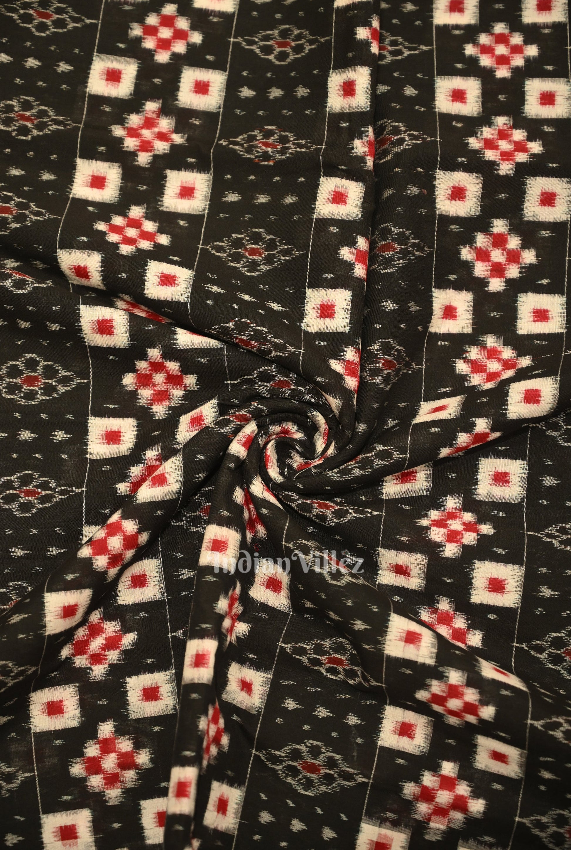 Black Pasapali Sambalpuri Ikat Cotton Fabric
