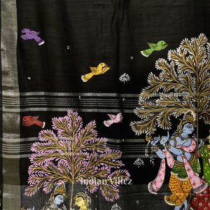 Black Radha Krishna Rasa Theme Hand-Painted Pattachitra Saree