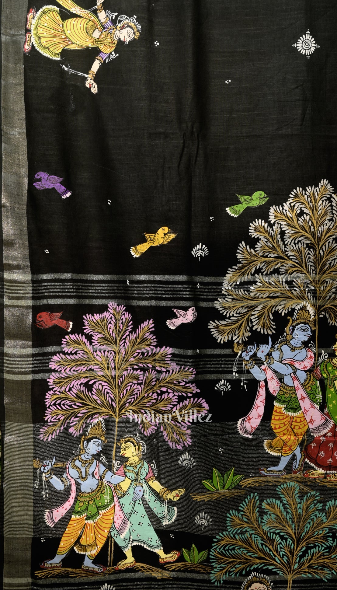 Black Radha Krishna Rasa Theme Hand-Painted Pattachitra Saree