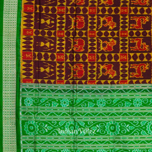 Golden Maroon With Wild Animals Pure Sambalpuri Silk Saree