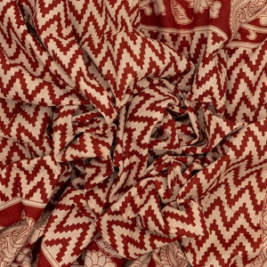 Taupe Cotton Saree With Crimson Kalamkari Print