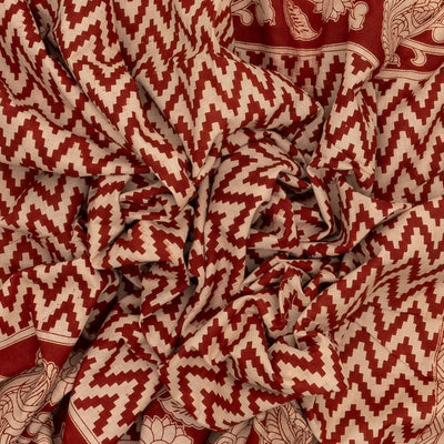 Taupe Cotton Saree With Crimson Kalamkari Print