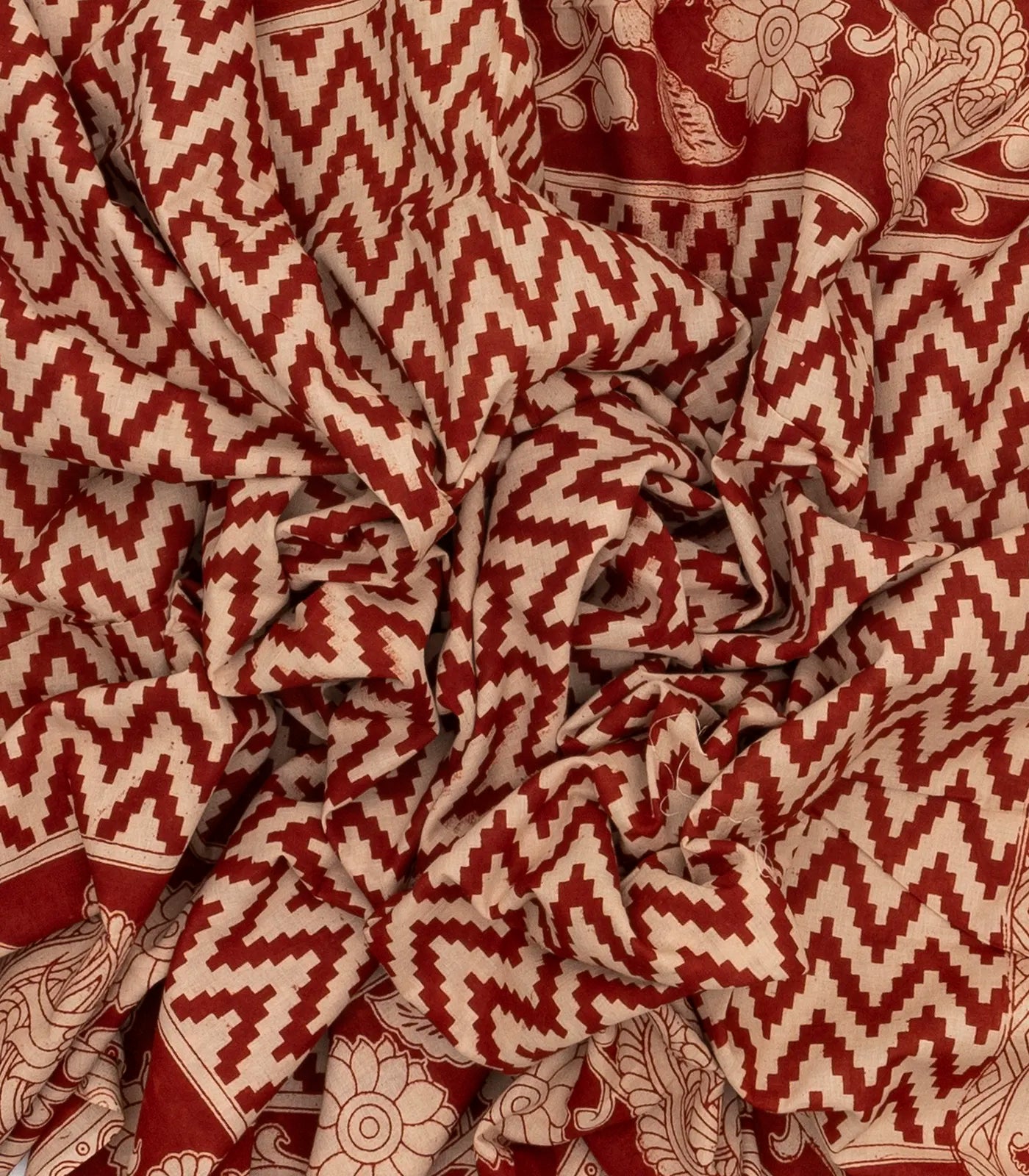 Taupe Cotton Saree With Crimson Kalamkari Print