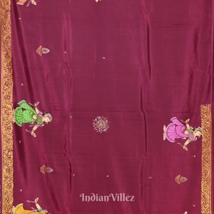 Wine Color Mathura Vijay Theme Hand-Painted Pattachitra Saree