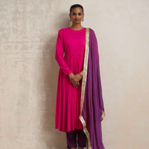 trueBrowns Pink Crinkle Anarkali Kurta Pant Dupatta Set