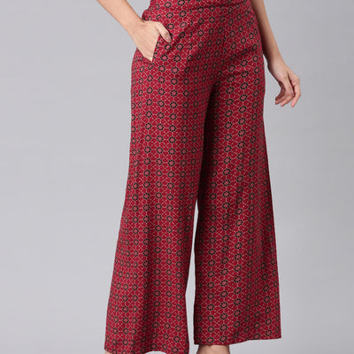 Women Red Woven Viscose Mid Rise Printed Palazzo