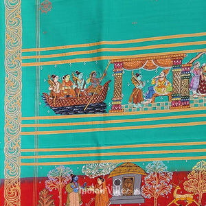 Green Ramayan Theme Hand-Painted Pattachitra Saree