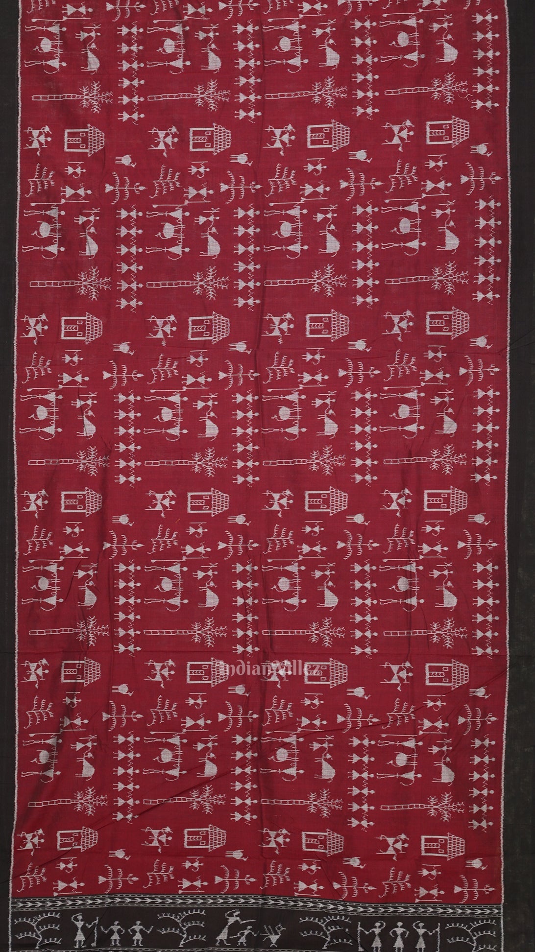 Maroon Black Tribal Theme Odisha Ikat Sambalpuri Cotton Saree