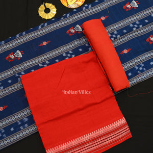 Royal Blue Red Doll Odisha Ikat Sambalpuri Cotton Dress set with Dupatta