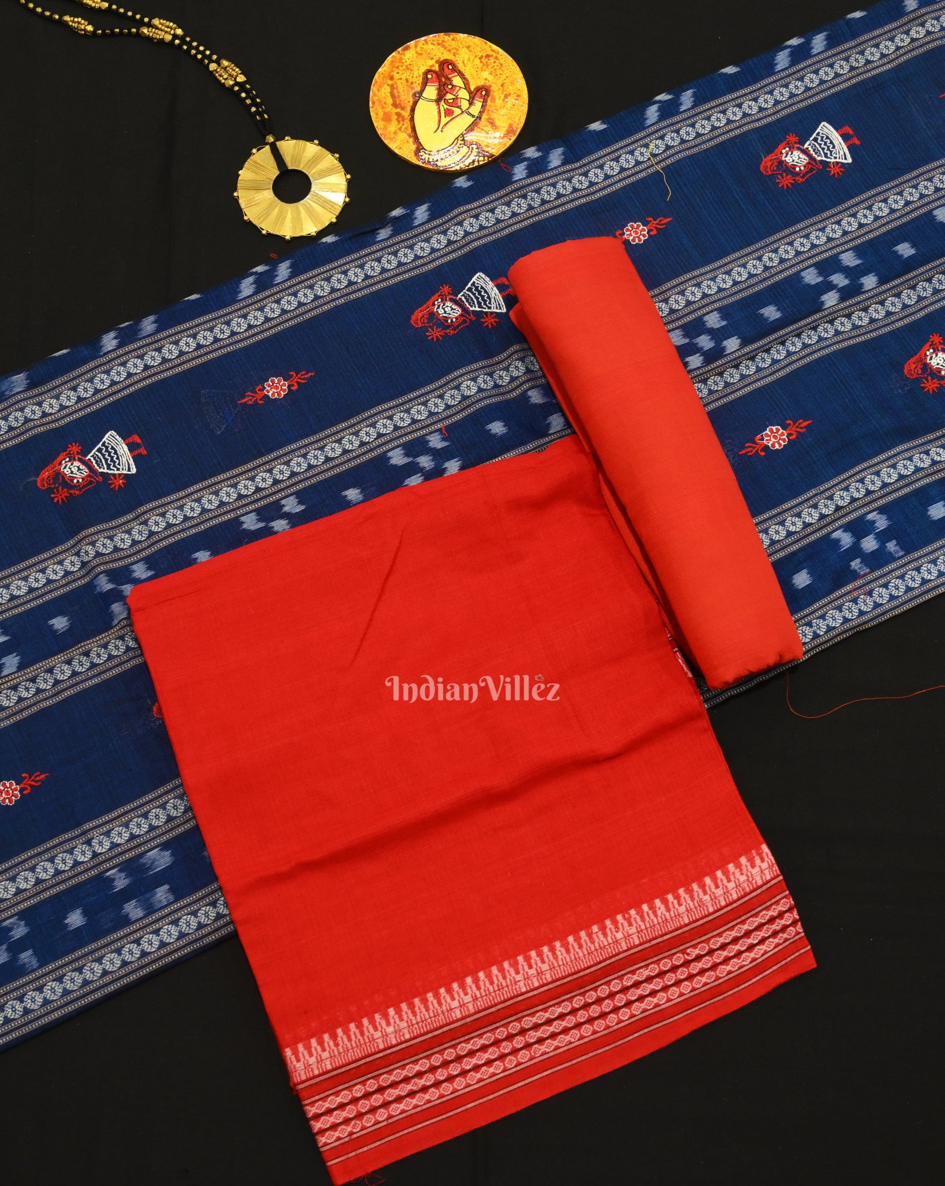 Royal Blue Red Doll Odisha Ikat Sambalpuri Cotton Dress set with Dupatta