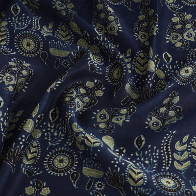 Blue - Ajrakh Block Printed Chanderi Silk Fabric 01